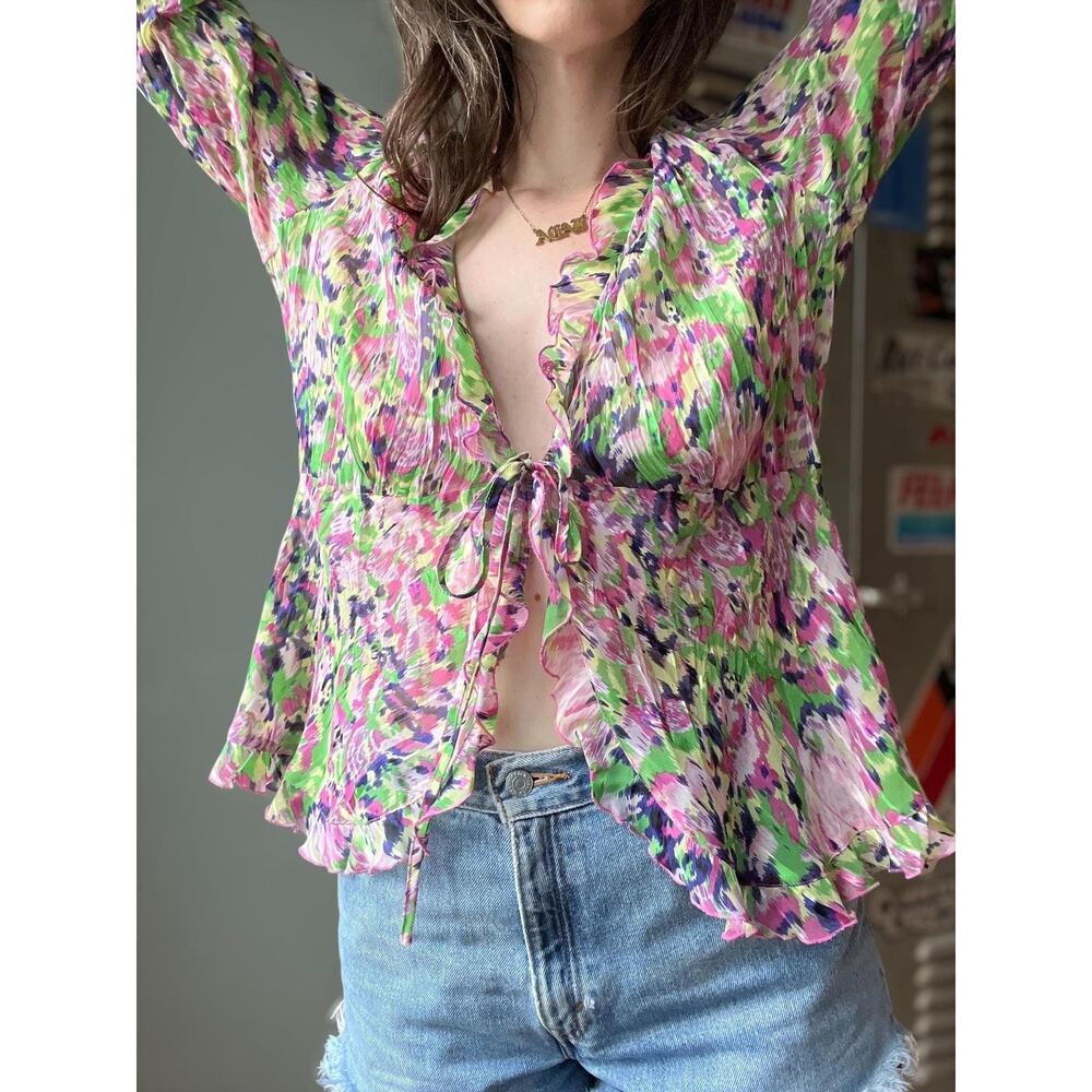 Vintage Y2K Sheer Tie-Front Mesh Top | Bell Sleeve | Fairycore Indie Sleaze | M